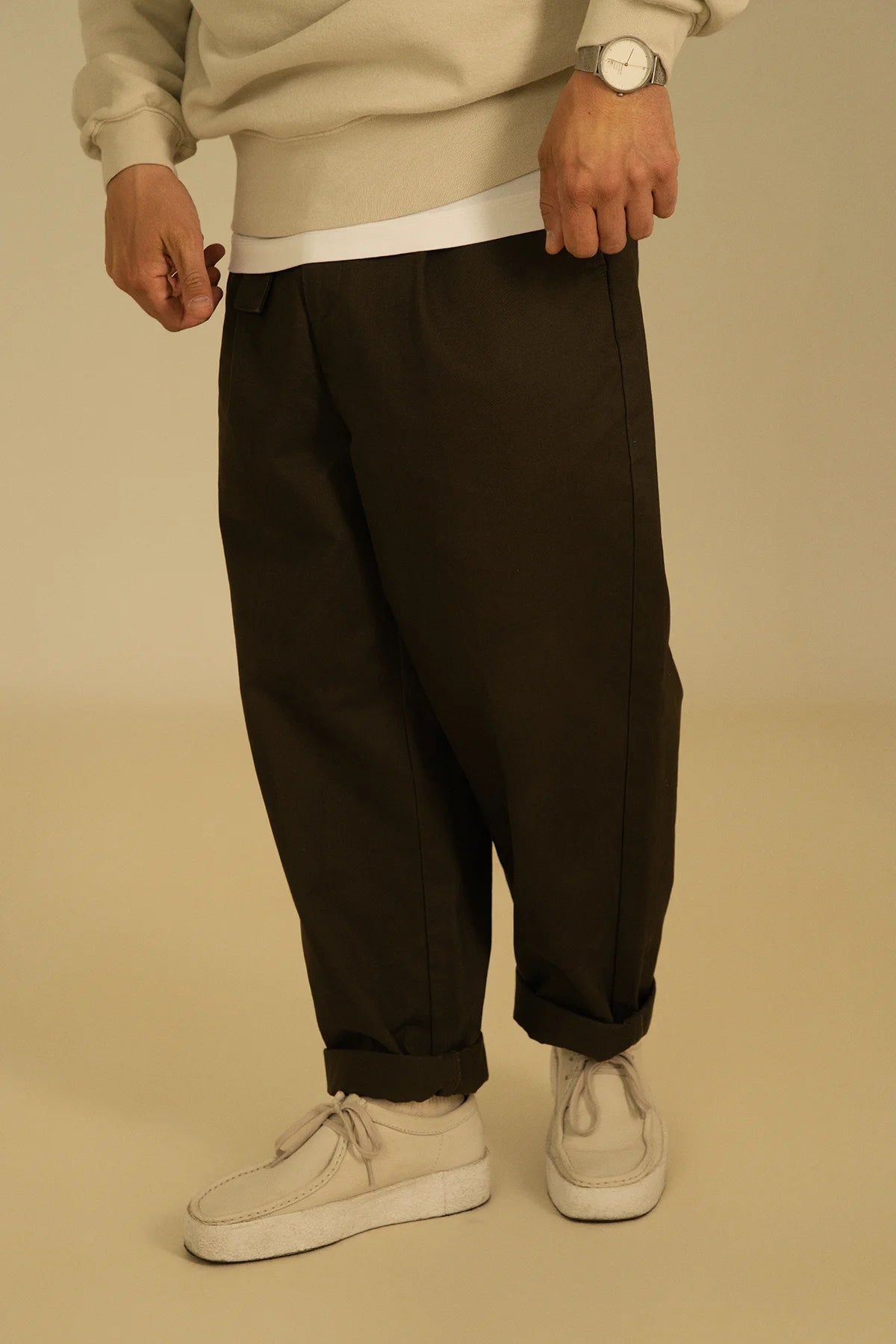 the olive work trousers.