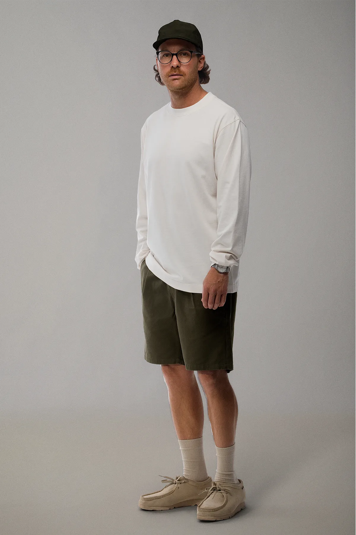 the olive work shorts.