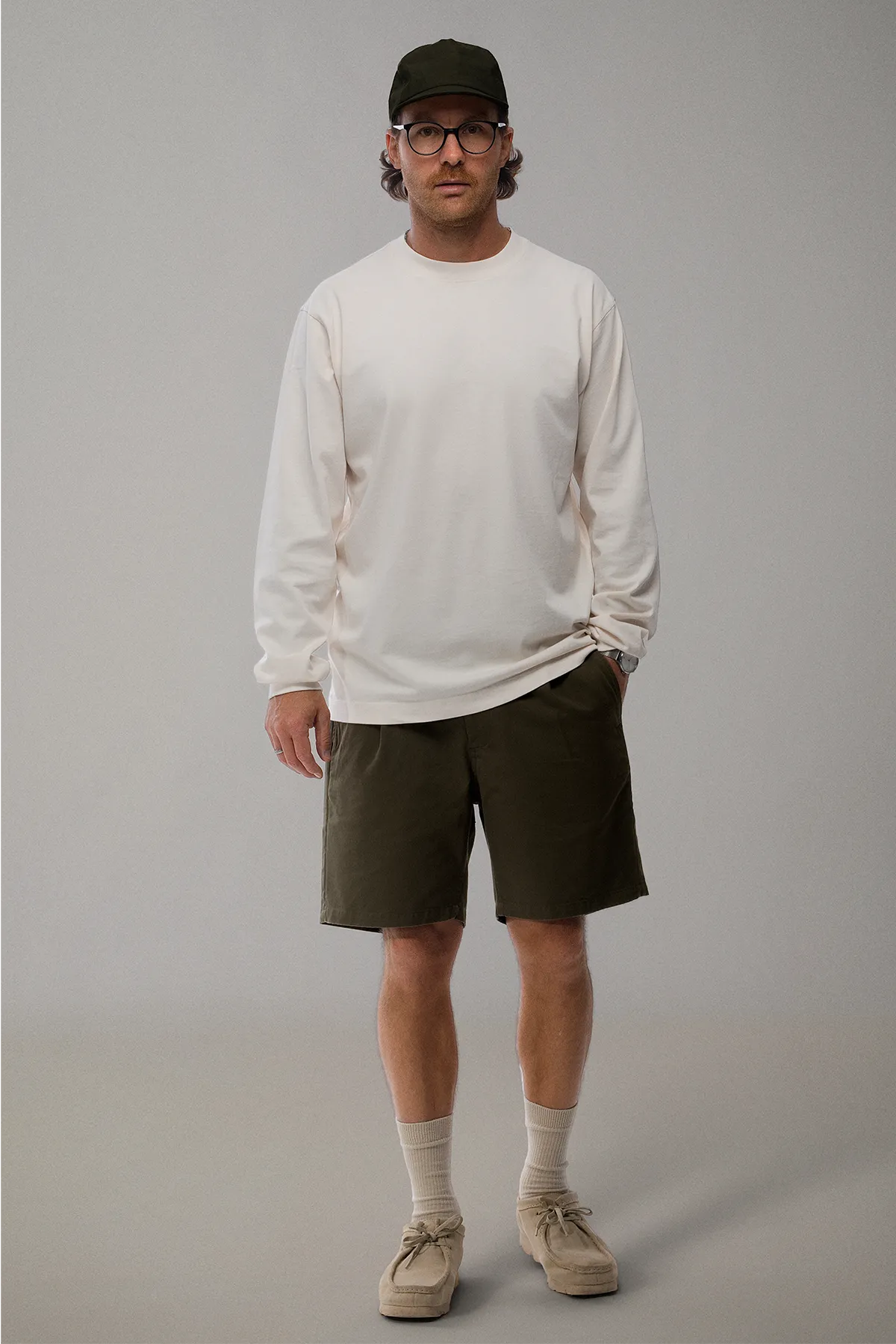 the olive work shorts.