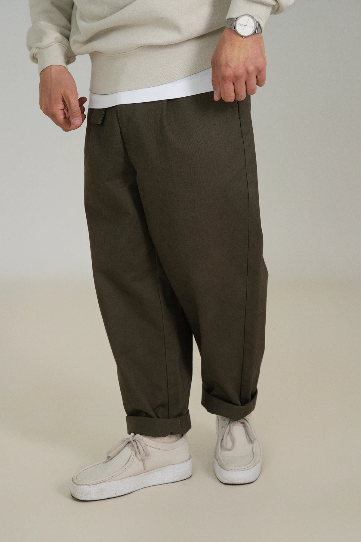 the olive work trousers.