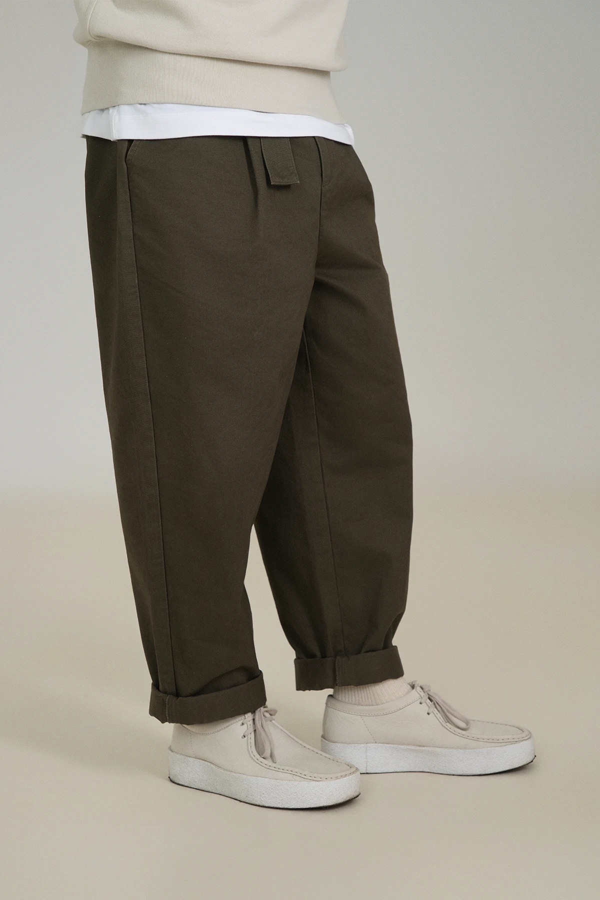 the olive work trousers.