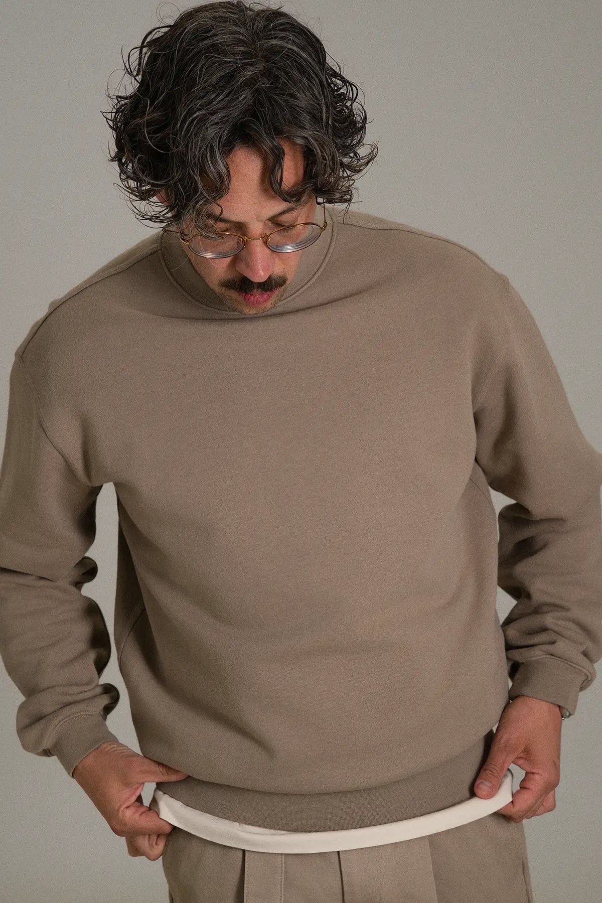 the taupe crewneck.