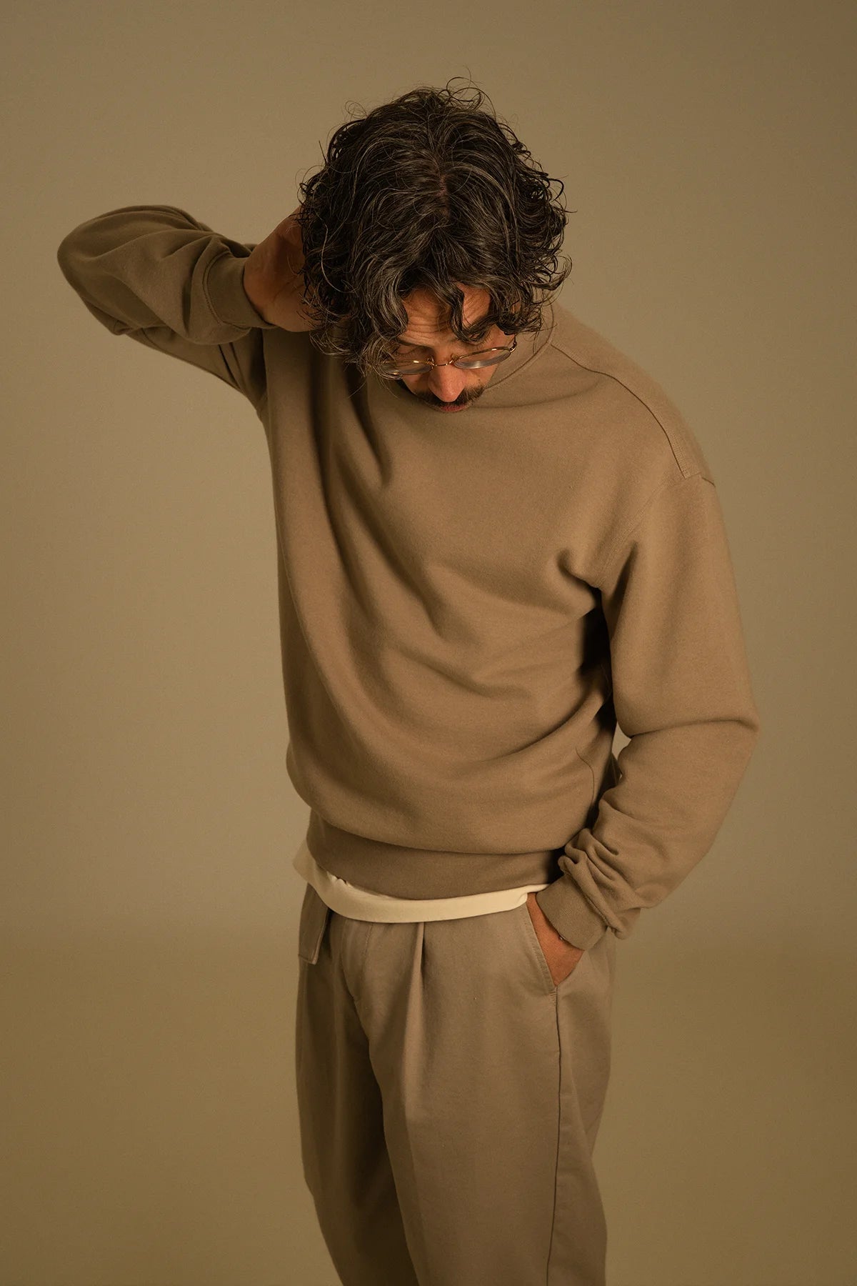 the taupe crewneck.
