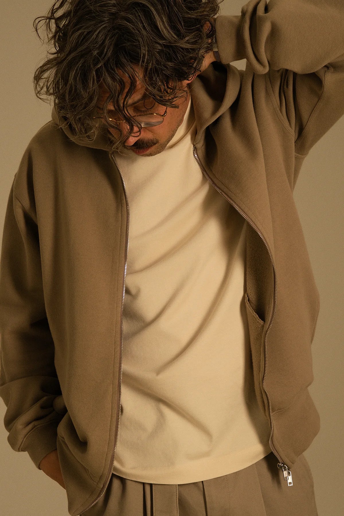 the taupe zip hoodie.