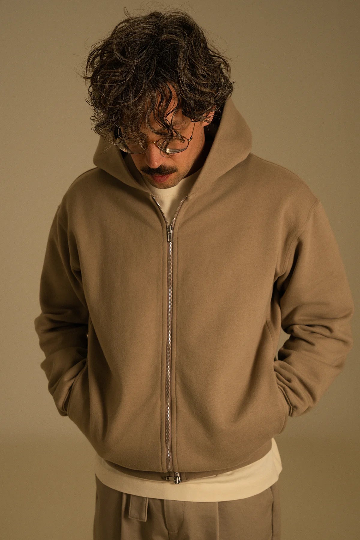 the taupe zip hoodie.