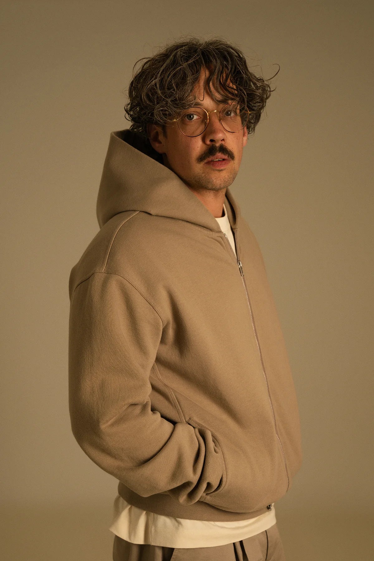 the taupe zip hoodie.
